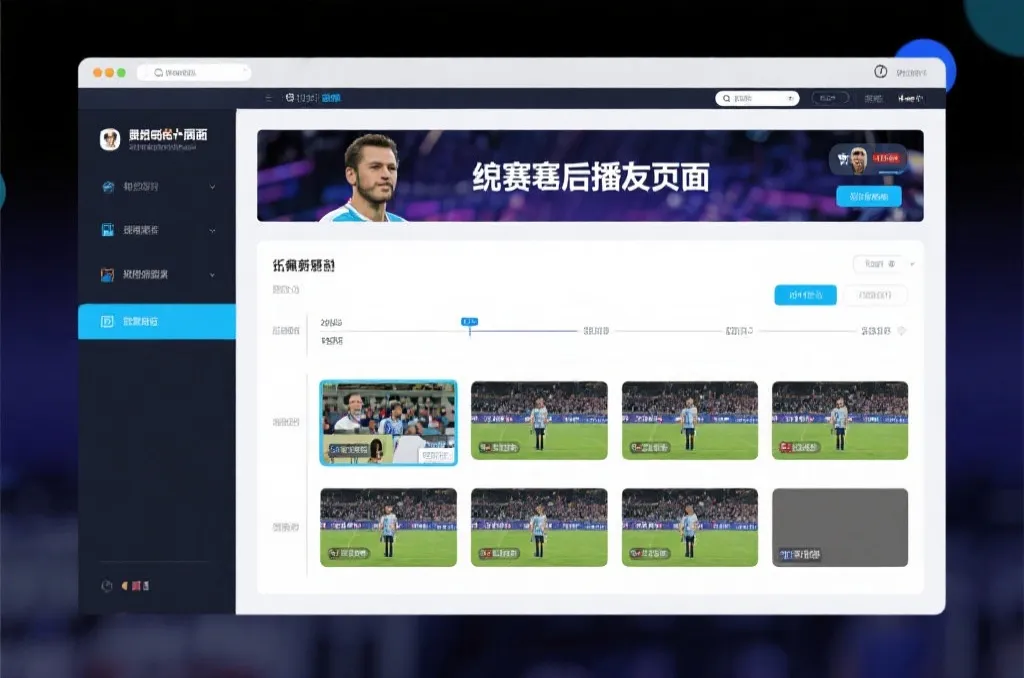 比赛结束后，电视屏幕展示集锦回放页面，旁边有时间轴和多角度切换提示